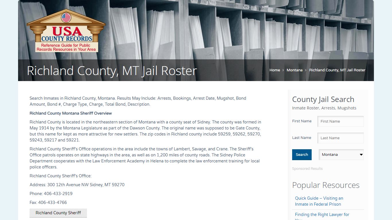 Richland County, MT Jail Roster | Name Search