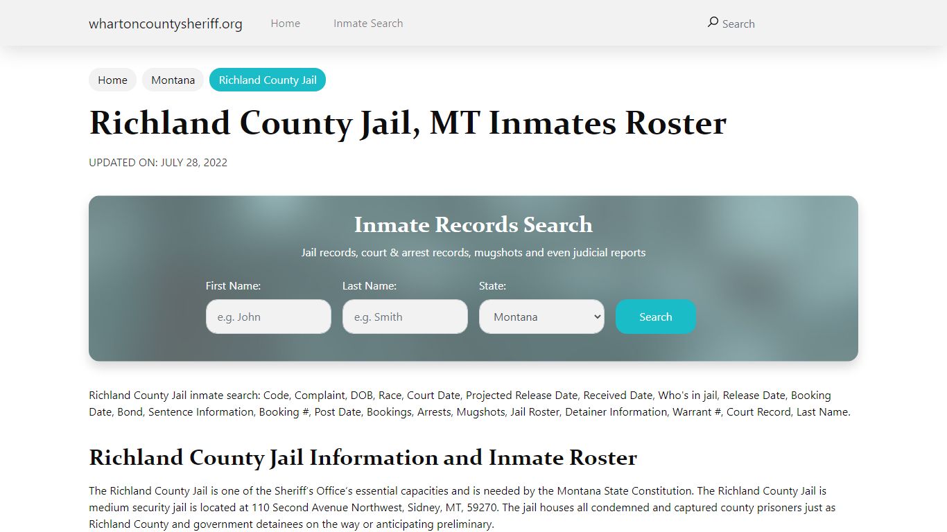 Richland County Jail, MT Jail Roster, Name Search