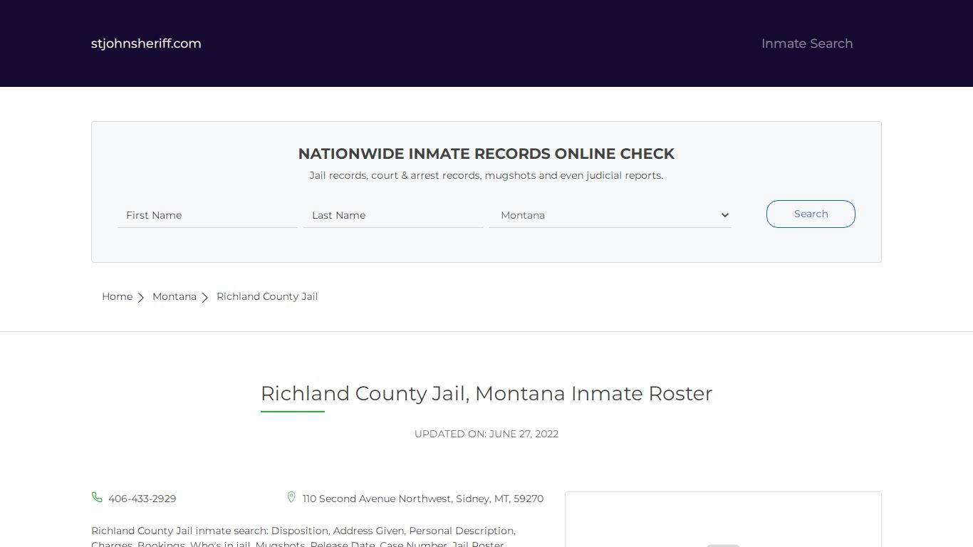 Richland County Jail, Montana Inmate Roster